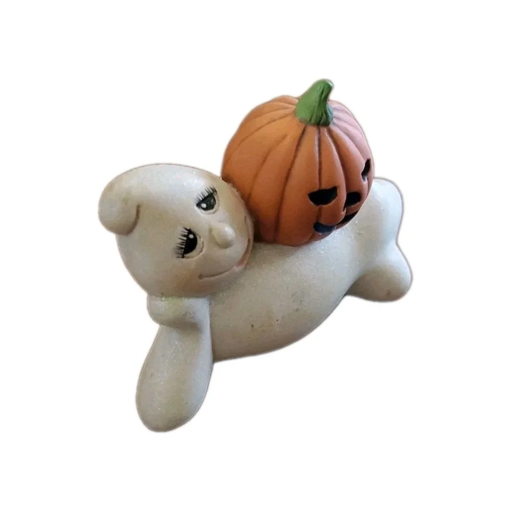 Painted Ghost With Jack O Lantern Pumpkin Figurine Halloween Decor